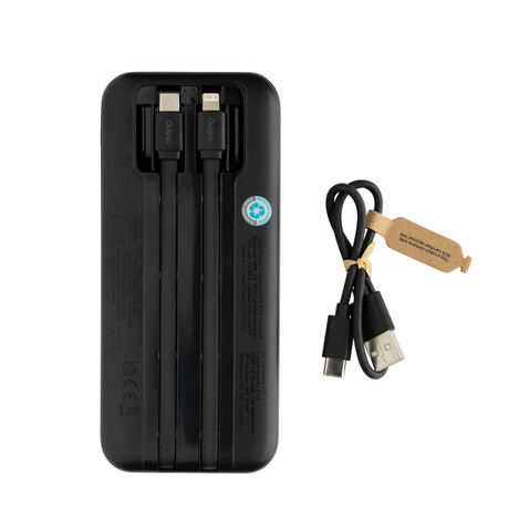 Turbopack 10000mAh Powerbank mit integr. Kabeln aus RCS rABS schwarz bedrucken, Art.-Nr. P322.5801