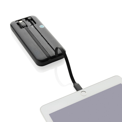 Turbopack 10000mAh Powerbank mit integr. Kabeln aus RCS rABS schwarz bedrucken, Art.-Nr. P322.5801