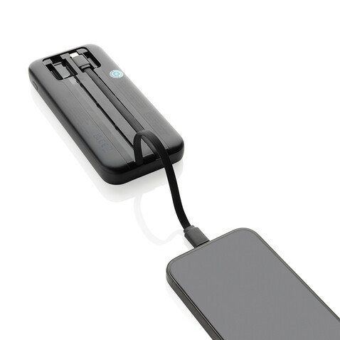 Turbopack 10000mAh Powerbank mit integr. Kabeln aus RCS rABS schwarz bedrucken, Art.-Nr. P322.5801