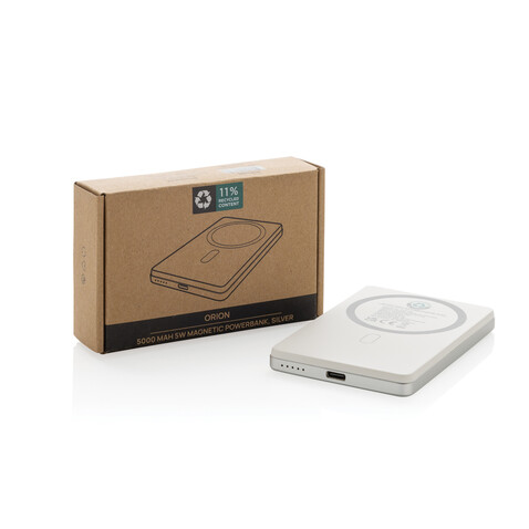 Orion 5.000mAh 5W magnetische Powerbank aus RCS rec. Alu silber bedrucken, Art.-Nr. P322.6002