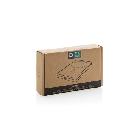 Orion 5.000mAh 5W magnetische Powerbank aus RCS rec. Alu silber bedrucken, Art.-Nr. P322.6002