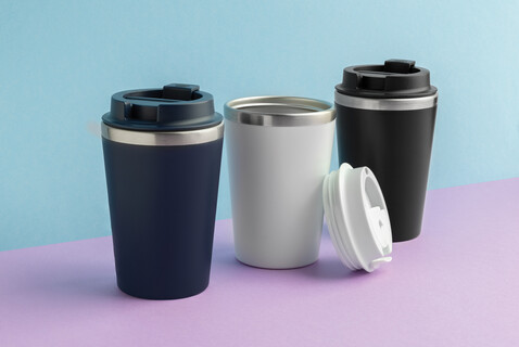 Java 350ml doppelwandiger Becher aus RCS recyceltem PP navy blau bedrucken, Art.-Nr. P437.1425