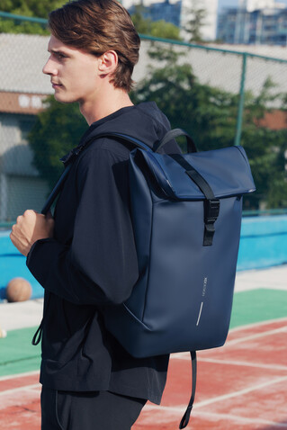 Urban wasserabweisender Flap-Top Rucksack navy blau, schwarz bedrucken, Art.-Nr. P706.2625