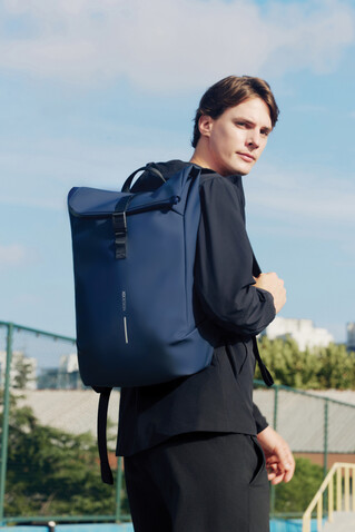 Urban wasserabweisender Flap-Top Rucksack navy blau, schwarz bedrucken, Art.-Nr. P706.2625
