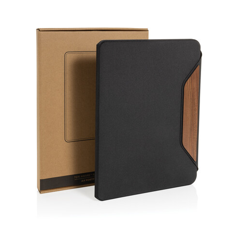 Teri AWARE™ A4 Portfolio aus RPET und Walnuss schwarz bedrucken, Art.-Nr. P774.6501