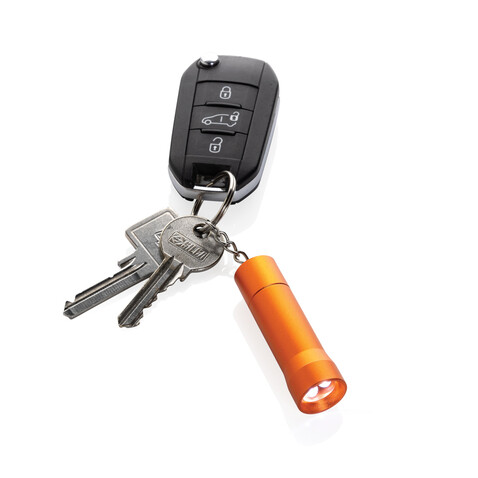 Flash Schlüsselanhänger-Taschenlampe aus RCS rec. Aluminium orange bedrucken, Art.-Nr. P514.0408