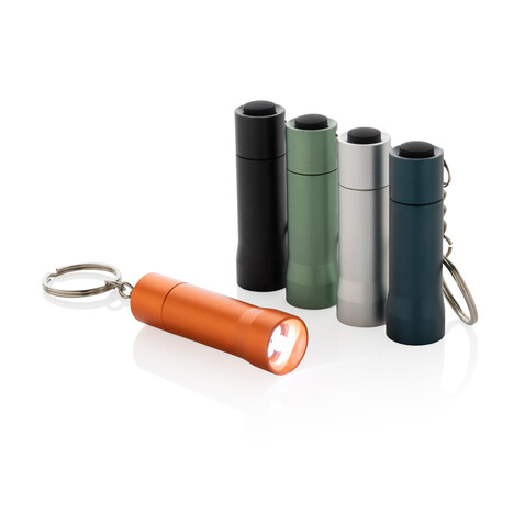 Flash Schlüsselanhänger-Taschenlampe aus RCS rec. Aluminium orange bedrucken, Art.-Nr. P514.0408