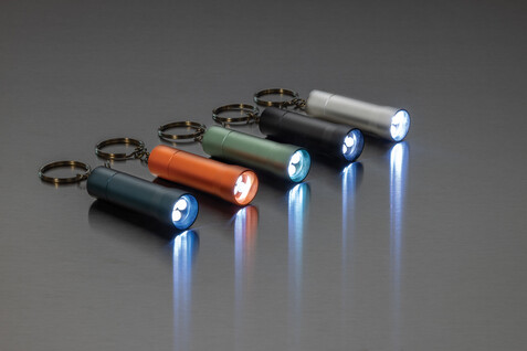 Flash Schlüsselanhänger-Taschenlampe aus RCS rec. Aluminium orange bedrucken, Art.-Nr. P514.0408
