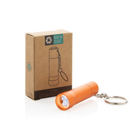 Flash Schlüsselanhänger-Taschenlampe aus RCS rec. Aluminium orange bedrucken, Art.-Nr. P514.0408