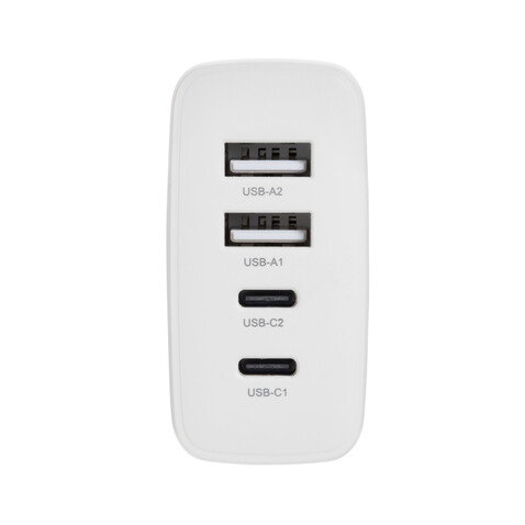 TravelCharge Pro Reiseladegerät mit USB-C aus RCS rec. ABS weiß, schwarz bedrucken, Art.-Nr. P821.0203