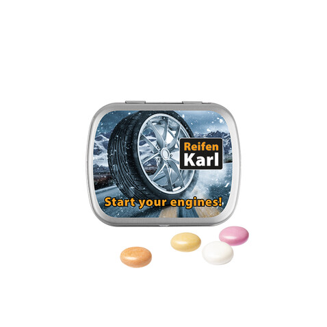 Klappdose, matt-silber, Mentos Kaudragee Fruit bedrucken, Art.-Nr. 1015.00022 Klappdose, matt-silber, Mentos Kaudragee Fruit bedrucken, Art.-Nr. 1015.00022