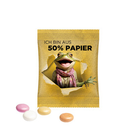 Minitüte, 8 g, Folie weiß mit ca. 50% Papieranteil, Mentos Kaudragee Fruit bedrucken, Art.-Nr. 1021.00423