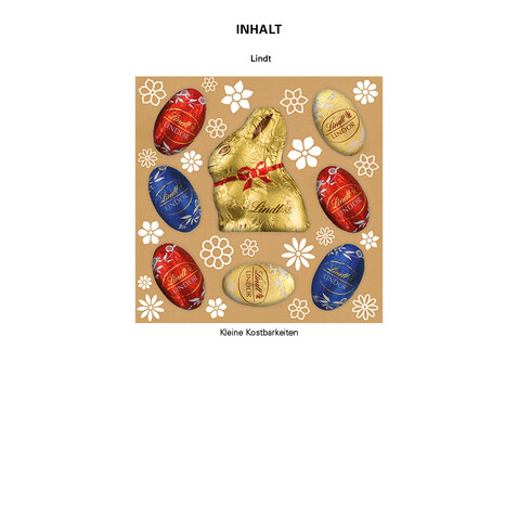 Lindt Präsent im Werbeschuber &quot;Hasenohren&quot;, Kleine Kostbarkeiten Goldhase bedrucken, Art.-Nr. 1057.00012