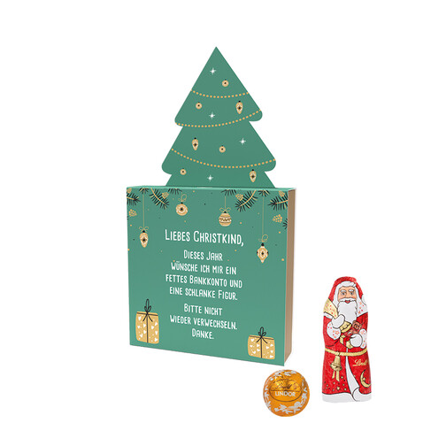 Lindt Präsent im Werbeschuber &quot;Tannenbaum&quot;, Kleine Kostbarkeiten Santa bedrucken, Art.-Nr. 1057.00008