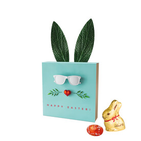 Lindt Präsent im Werbeschuber &amp;quot;Hasenohren&amp;quot;, Kleine Kostbarkeiten Goldhase bedrucken, Art.-Nr. 1057.00012