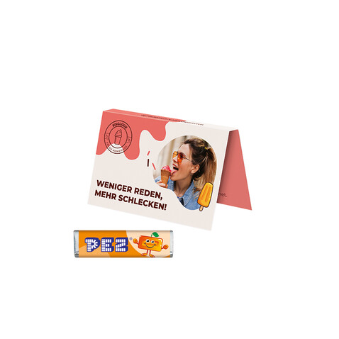 Werbekarte Visitenkartenformat, PEZ Bonbonriegel Orange bedrucken, Art.-Nr. 1145.00027