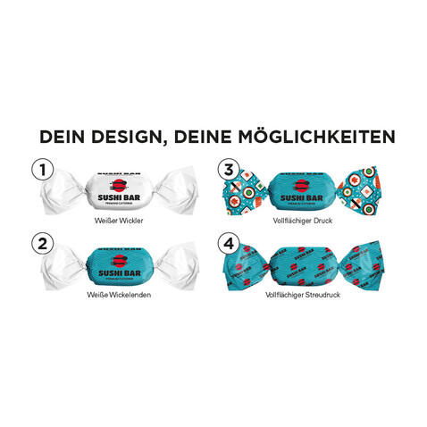 Fruchtmix Bonbon im weißen, kompostierbaren Wickler bedrucken, Art.-Nr. 1207.00007