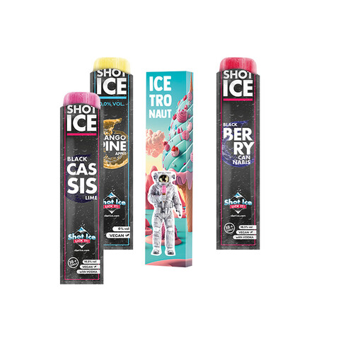 Long Box mit einem Wassereis zum Selbsteinfrieren, Marke Shot Ice, in verschiedenen Sorten, ohne und mit Alkohol (10,5% vol)Exclusiv nur bei uns im Werbemittelbereich! bedrucken, Art.-Nr. 1258.s