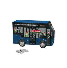 Adventskalender Bus, Schokotäfelchen in Pergamin-Papier bedrucken, Art.-Nr. 1275.00005 Adventskalender Bus, Schokotäfelchen in Pergamin-Papier bedrucken, Art.-Nr. 1275.00005