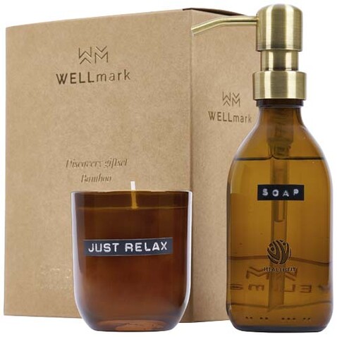 Wellmark Discovery Seifenspender und Duftkerze ´Bambus´-Set, 200 ml (Spender) und 150 g (Duftkerze), amber heather bedrucken, Art.-Nr. 12630811