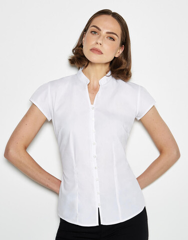 Kustom Kit Women`s Tailored Fit Mandarin Collar Blouse SSL, White, XS (8) bedrucken, Art.-Nr. 797110001