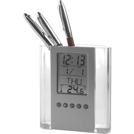 Tischuhr Carter | Stifthalter – Schwarz/Silber bedrucken, Art.-Nr. 050999999_3684