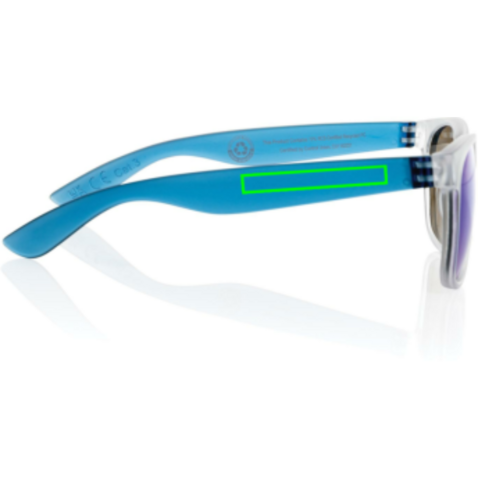 Gleam Sonnenbrille aus RCS rec. PC mit verspiegelten Gläsern blau, weiß bedrucken, Art.-Nr. P453.8705