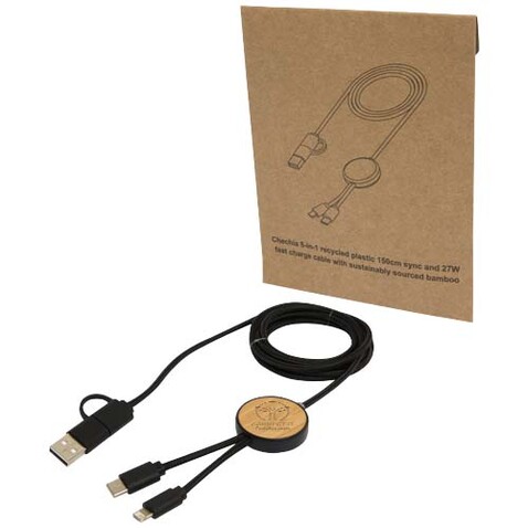 Chechia 150 cm 5-in-1 Kabel aus recyceltem Kunststoff für Datenübertragung und 27W Schnellladung mit Bambusdetails, schwarz bedrucken, Art.-Nr. 12442290