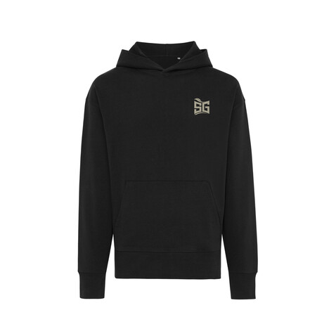 IQONIQ Yoho Relax-Hoodie aus recycelter Baumwolle schwarz bedrucken, Art.-Nr. T9402.001.M