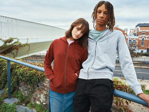 IQONIQ Abisko Zip-Kapuzenpullover aus recycelter Baumwolle heather grey bedrucken, Art.-Nr. T9600.013.S