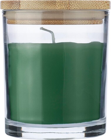 Kerze Riven | Glas mit Bambusdeckel – Grün bedrucken, Art.-Nr. 004999999_1207021