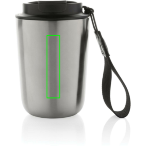 Cuppa Vakuumbecher aus RCS-Stahl mit Umhängeband silber, schwarz bedrucken, Art.-Nr. P435.022