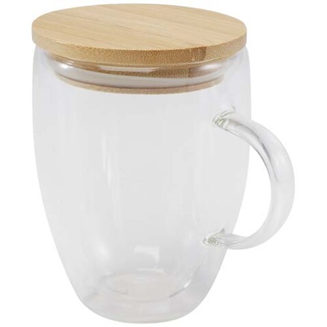 Leona 350 ml Glasbecher mit Bambusdeckel, transparent klar bedrucken, Art.-Nr. 11341801