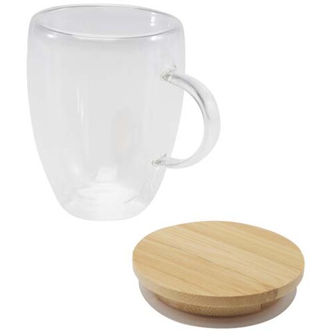 Leona 350 ml Glasbecher mit Bambusdeckel, transparent klar bedrucken, Art.-Nr. 11341801