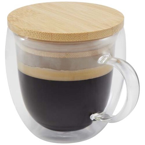 Lenora 250 ml Glasbecher mit Bambusdeckel, transparent klar bedrucken, Art.-Nr. 11341901
