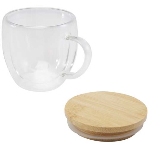 Lenora 250 ml Glasbecher mit Bambusdeckel, transparent klar bedrucken, Art.-Nr. 11341901
