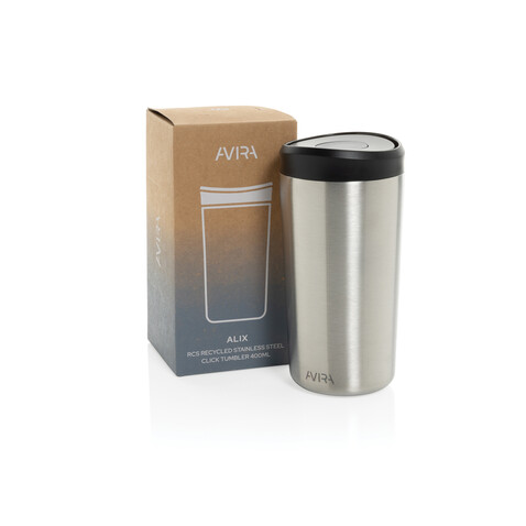 Avira Alix Klickbecher aus RCS rec. Stahl 400ml silber bedrucken, Art.-Nr. P438.1002