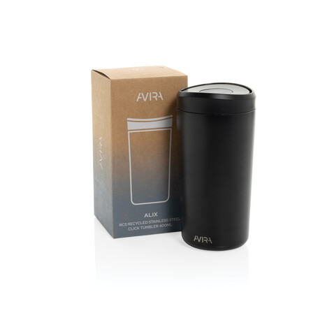 Avira Alix Klickbecher aus RCS rec. Stahl 400ml schwarz bedrucken, Art.-Nr. P438.1001