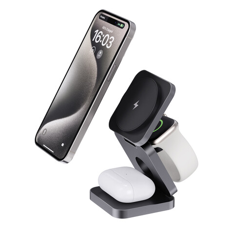 Terra faltbares 3-in-1 15W Charger aus RCS rec. Aluminium grau bedrucken, Art.-Nr. P308.6402