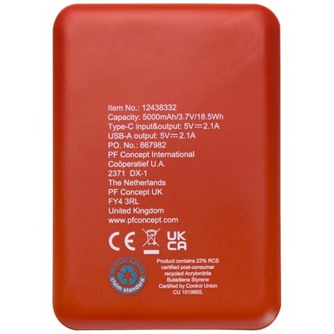 Asama 5000 mAh Typ-C Powerbank aus recyceltem Kunststoff, Brick bedrucken, Art.-Nr. 12438332