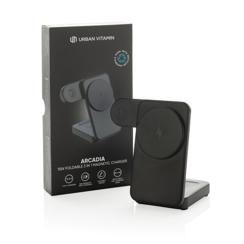 Urban Vitamin Arcadia 15W 3in1 Magnet-Charger aus RCS rABS schwarz bedrucken, Art.-Nr. P309.5101