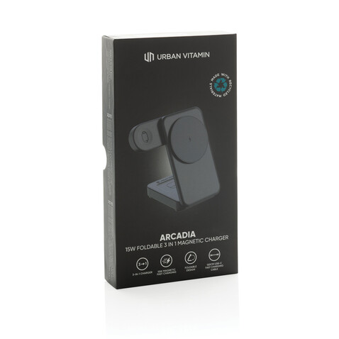 Urban Vitamin Arcadia 15W 3in1 Magnet-Charger aus RCS rABS schwarz bedrucken, Art.-Nr. P309.5101