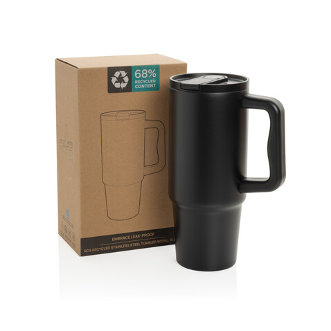 Embrace Leakproof aus RCS recyceltem Edelstahl 900ml schwarz bedrucken, Art.-Nr. P437.3401