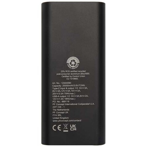 Acamar 70 W 20.000 mAh Laptop Powerbank aus recyceltem Aluminium, schwarz bedrucken, Art.-Nr. 12444090