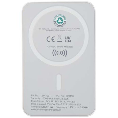 Acrab 15 W 10.000 mAh magnetische kabellose Powerbank mit 20 W PD aus recyceltem Kunststoff, weiss bedrucken, Art.-Nr. 12444201