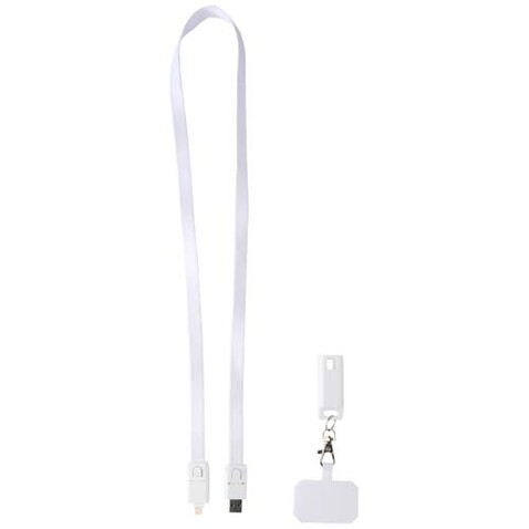 Franz 5 in 1 Lanyard Kabel aus recyceltem Kunststoff für Smartphones mit integrierter Datensynchronisierung und 65 W Schnellladefunktion, weiss bedrucken, Art.-Nr. 12444701