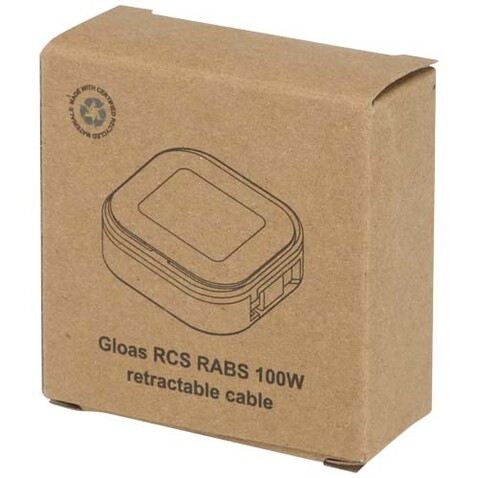 Gloas Aufrollbares 5 in 1 Kabel aus Recyclingmaterial mit Datensynchronisierung und 100 W Schnellladefunktion sowie Smartphone Toolkit, weiss bedrucken, Art.-Nr. 12444801