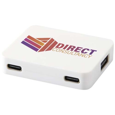 Gaia 4 Port USB Hub mit USB-A- und Typ-C-Ausgang und zwei Eingängen aus recyceltem Kunststoff, weiss bedrucken, Art.-Nr. 12444901