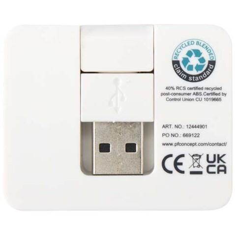 Gaia 4 Port USB Hub mit USB-A- und Typ-C-Ausgang und zwei Eingängen aus recyceltem Kunststoff, weiss bedrucken, Art.-Nr. 12444901