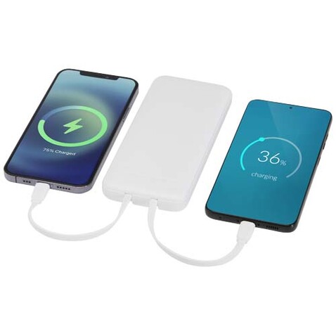 Adhil 10 W 10.000 mAh Powerbank aus recyceltem Kunststoff mit 2 integrierten Kabeln, weiss bedrucken, Art.-Nr. 12445901